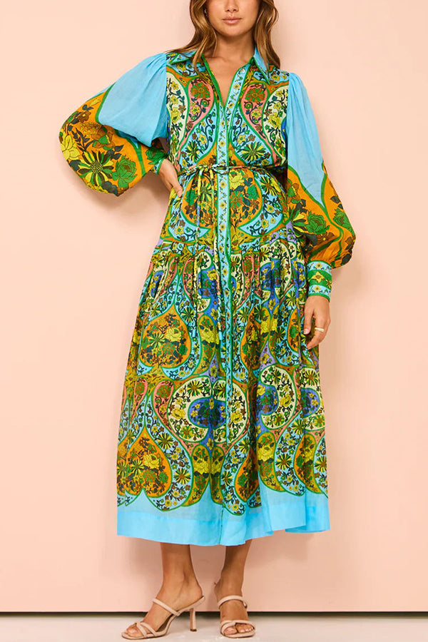 Feeling Butterflies Multi Unique Print Balloon Sleeve Belt Shirt Midi Dress-consonak