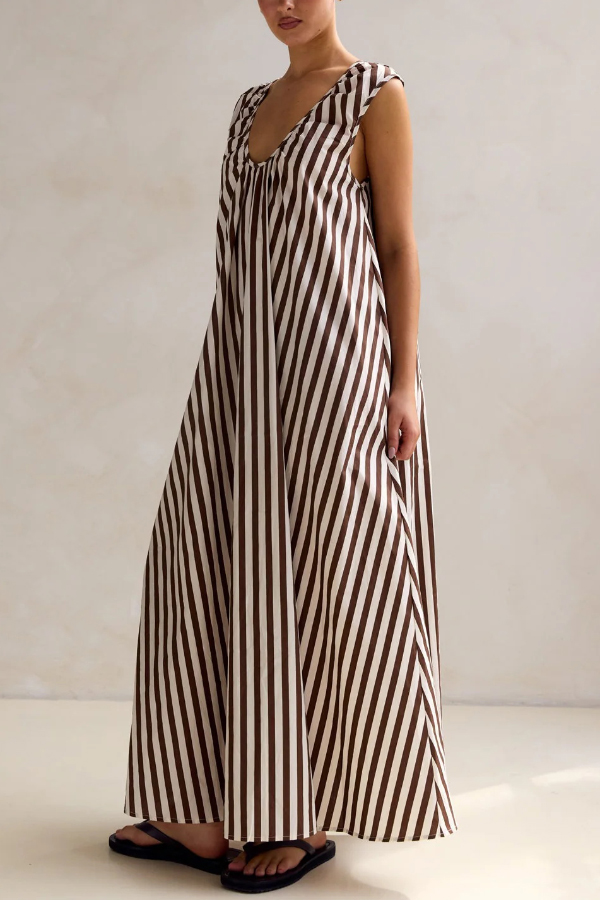 Striped Polka Dot Print Loose Sleeveless Casual Vacation Maxi Dress-consonak