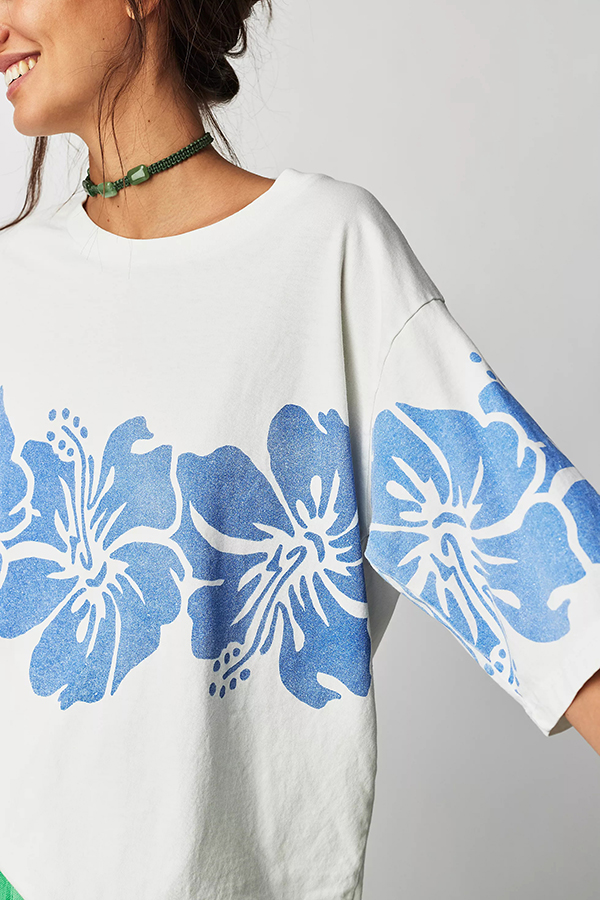 Floral Print Loose Round Neck Short Sleeve T-shirt-consonak