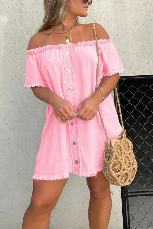 Fashionable Off Shoulder Short-sleeved Loose Denim Mini Dress-consonak