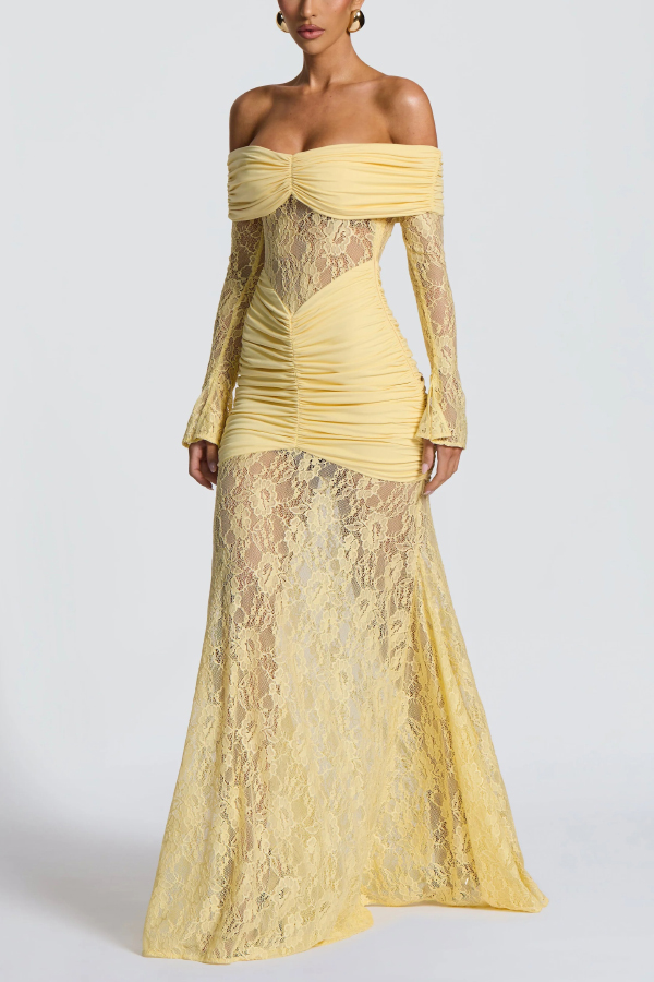 Solid Color Patchwork Lace Off-shoulder Long-sleeved Pleated Slim-fit Maxi Dress-consonak