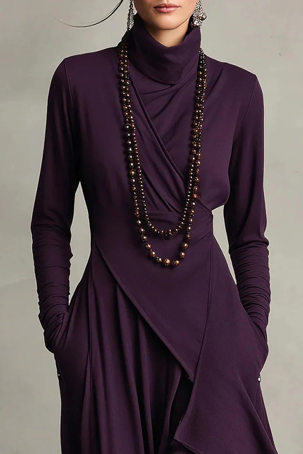 Solid Color High-neck Long-sleeved Irregular Casual Maxi Dress | Consonak