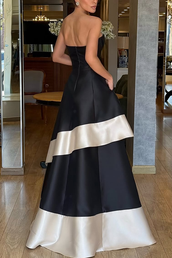 Vivian Satin Contrast Color Sweetheart Bandeau Neck Pocket Layered Maxi Dress-consonak