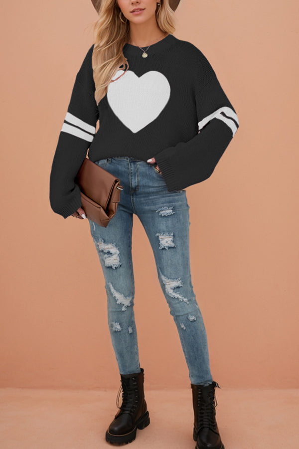 Fashionable Heart-shaped Jacquard Long-sleeved Loose Knit Sweater-consonak