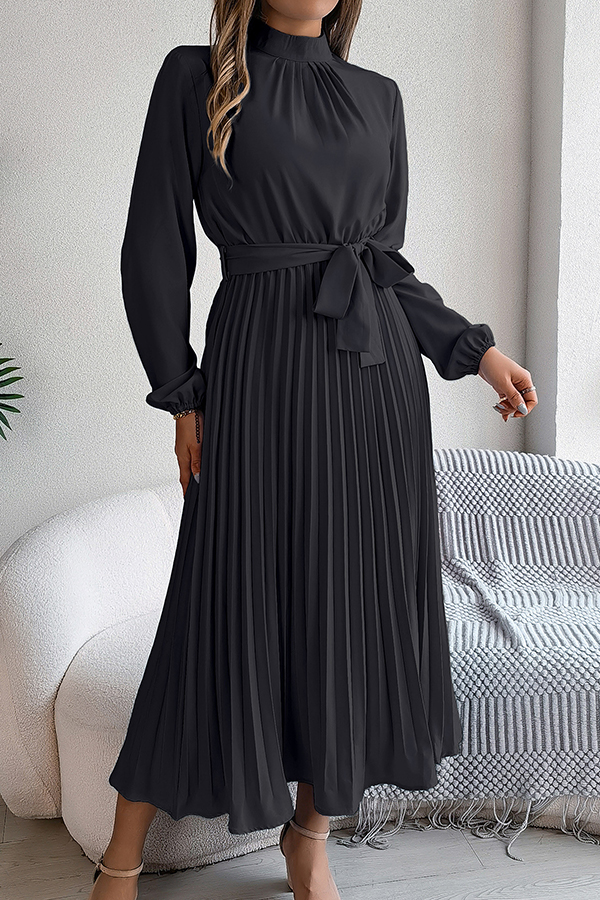 Elegant Stand-collar Long-sleeve Waisted Tie-up Pleated Midi Dress-consonak