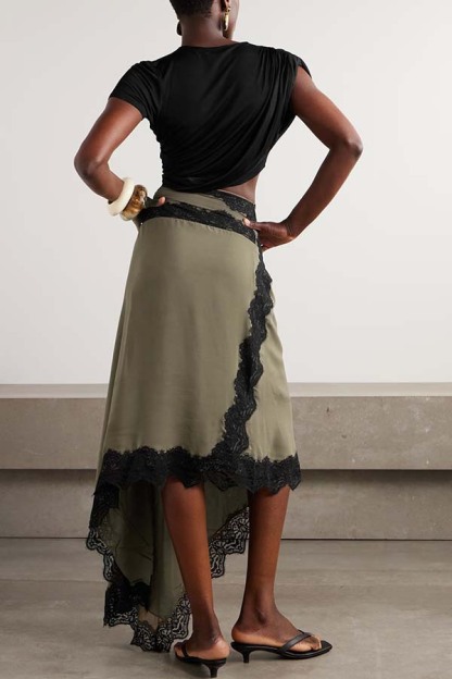 Verve Ribbed Jersey Cutout Waist Asymmetric Satin Lace Hem Maxi Dress-consonak