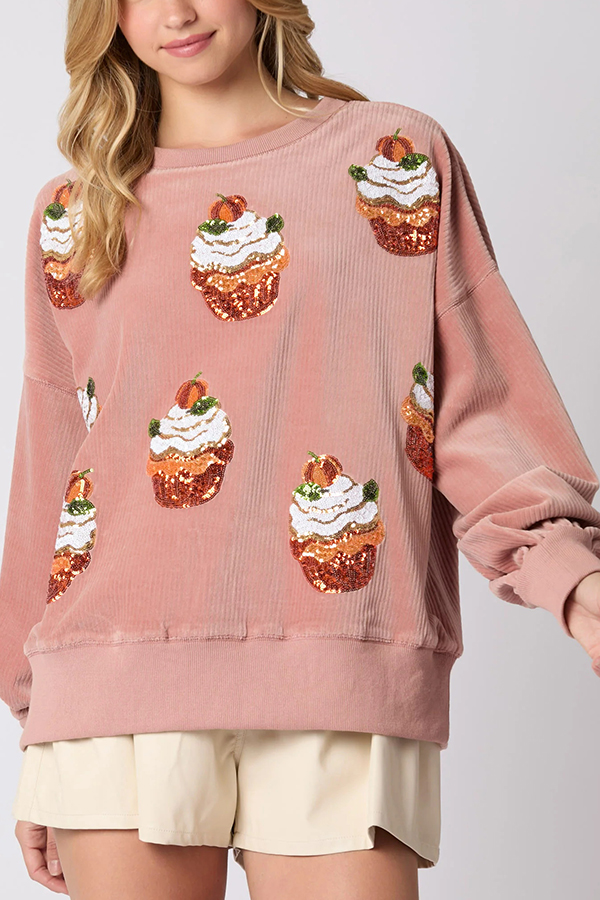Christmas Pumpkin Cake Sequined Round Neck Loose Sweatshirt-consonak