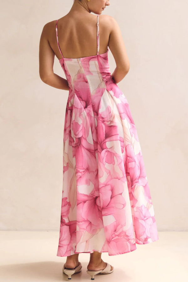 Floral Print Spaghetti Strap Backless Holiday Maxi Dress-consonak