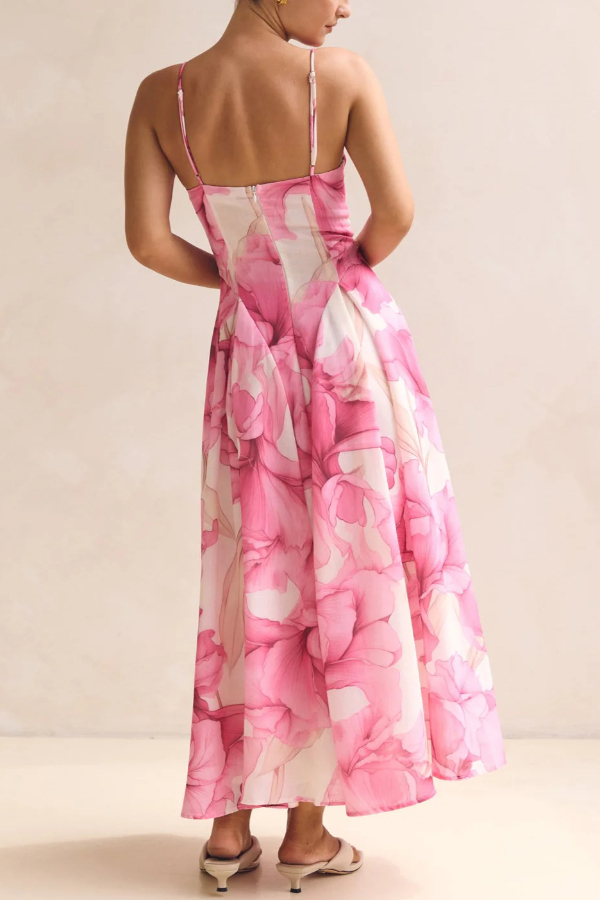 Floral Print Spaghetti Strap Backless Holiday Maxi Dress-consonak