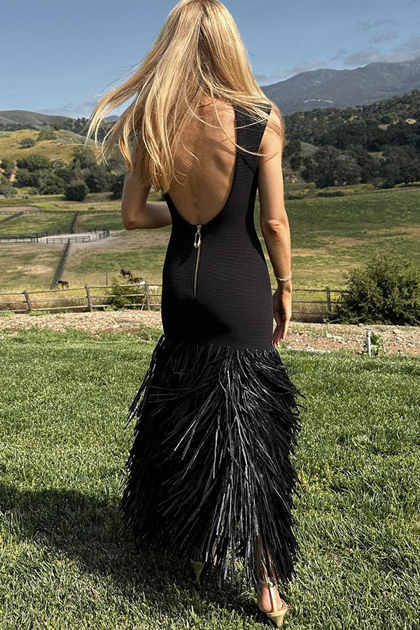 Christie Ribbed Patchwork Tiered Fringed Hem Zipper Backless Maxi Dress-consonak