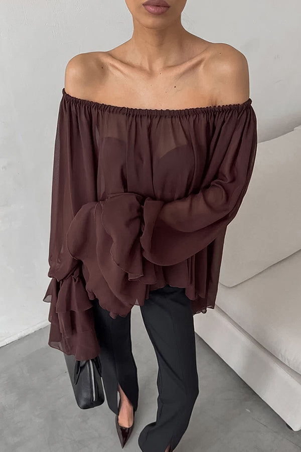 Solid Color Chiffon Off-shoulder Long-sleeved Loose Cover-up Top-consonak
