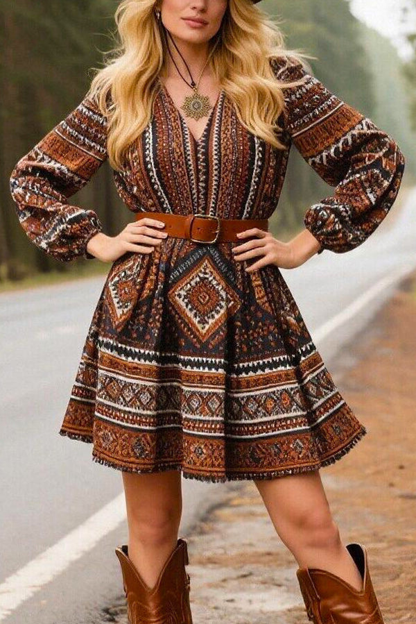 Bohemian Style V-neck Fitted Waist Casual Mini Dress-consonak