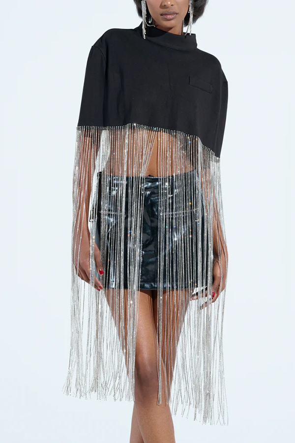 New Level Shiny Tassel Stand Neck Crop Cape Blouse | Consonak