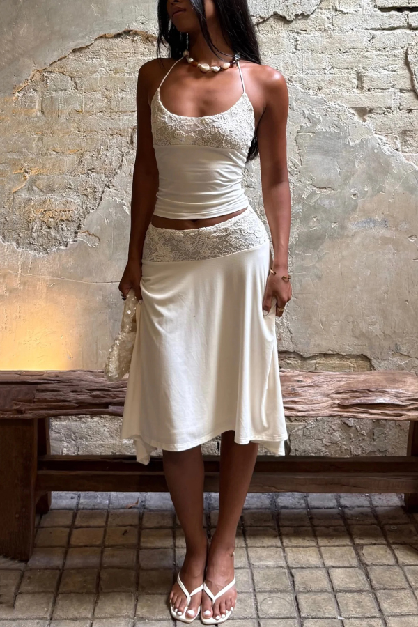 Solid Color Patchwork Lace Halter Neck Fitted Top and Elegant Knee-length Skirt Set