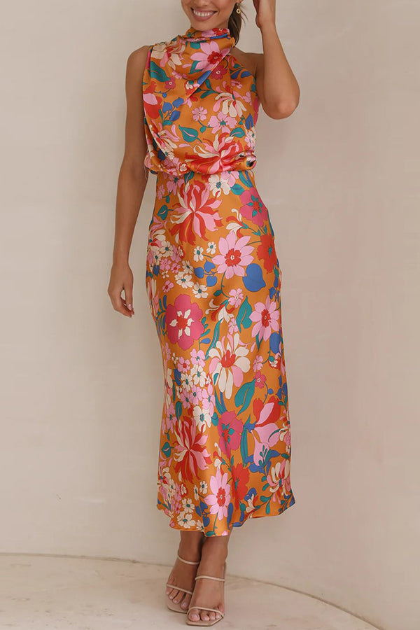 Fascinating Day Floral Halter Neck Elastic Waist Maxi Dress-consonak