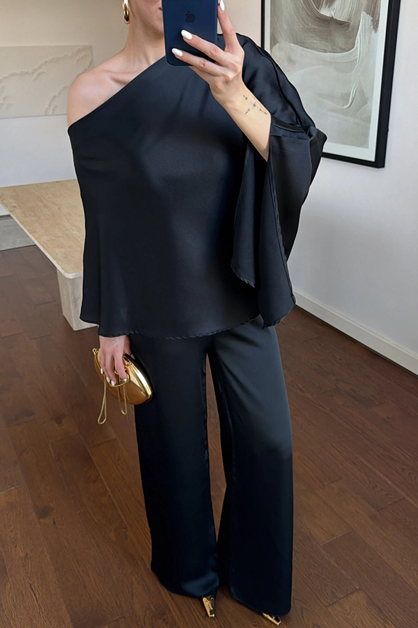 Arnell Satin One-Shoulder Cape Top and Elastic Waist Wide Leg Pants Set