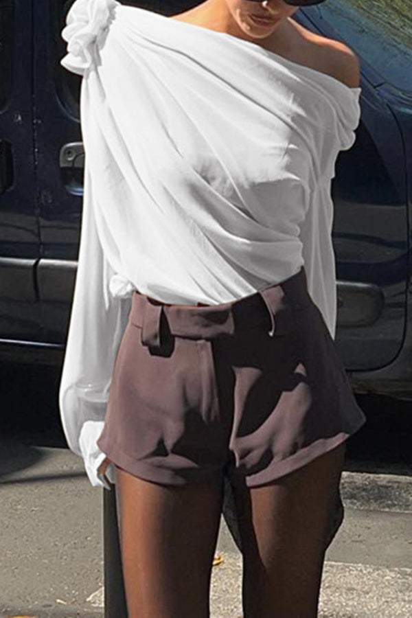 Beautiful Three Dimensional Flower Tulle Off Shoulder Long Sleeved Blouse-consonak