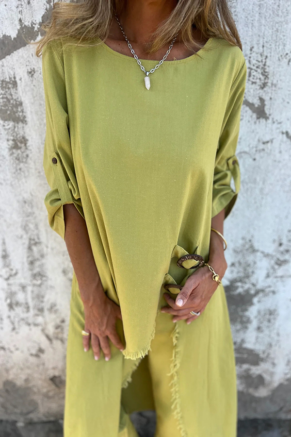 Jamilah Linen Blend Ring Detail Midi Blouse  and Elastic Waist Pocketed Loose Pants Set | Consonak
