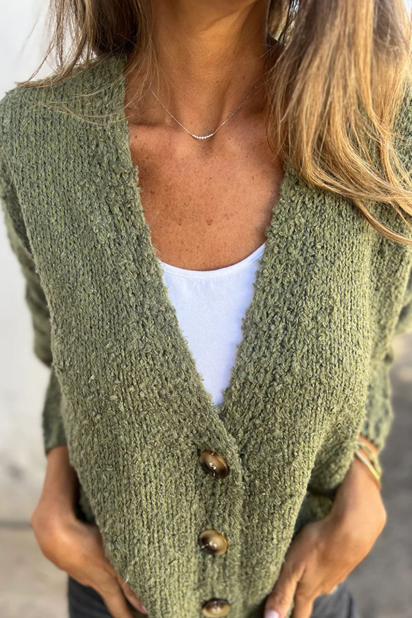 Solid Color V-neck Long-sleeved Fashionable Knitted Cardigan-consonak