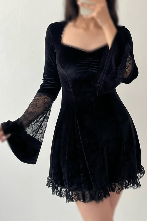Solid Color Velvet and Lace Spliced long-sleeved Elegant Mini Dress-consonak