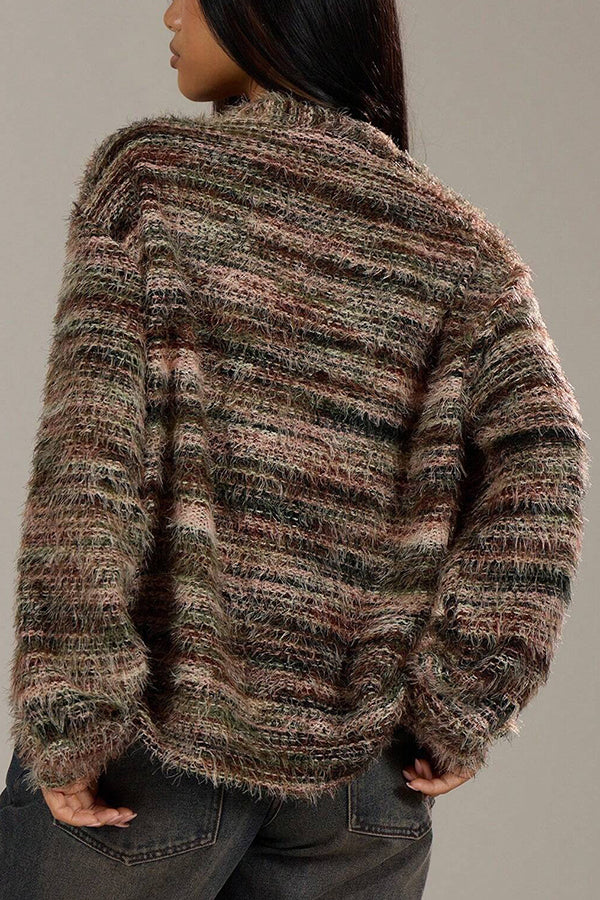 Fashionable Mixed Color Loose V-neck Casual Knit Cardigan-consonak