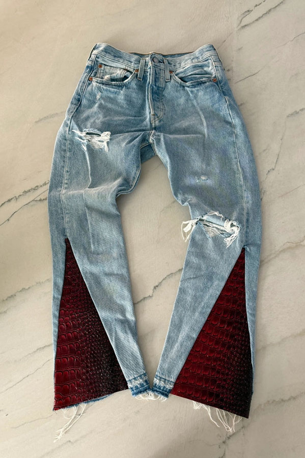 Stylish Attitude Denim Mid Rise Distressed Red Croc Hem Pocket Flare Jeans