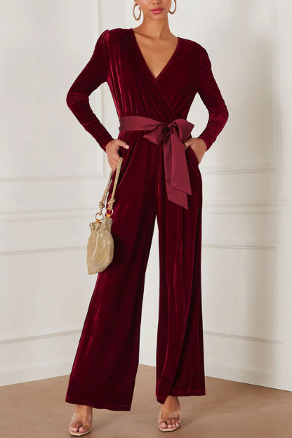 Love One Another Velvet Bow Belted Pocket Cutout Back Loose Jumpsuit-consonak