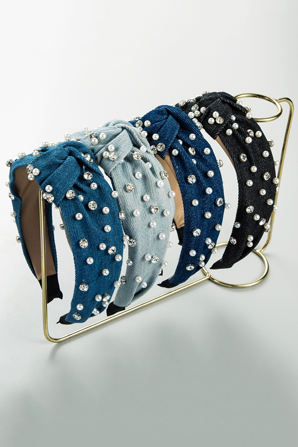 Fashion Pearl Rhinestone Fabric Headband-consonak