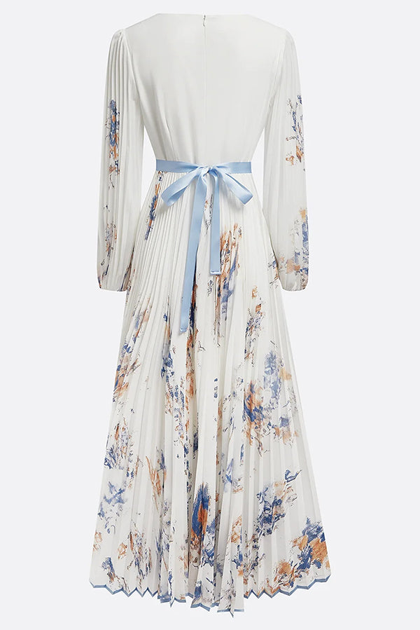 Unique Printed V-Neck Long Sleeve Bow Tie Waist Holiday Maxi Dress | Consonak