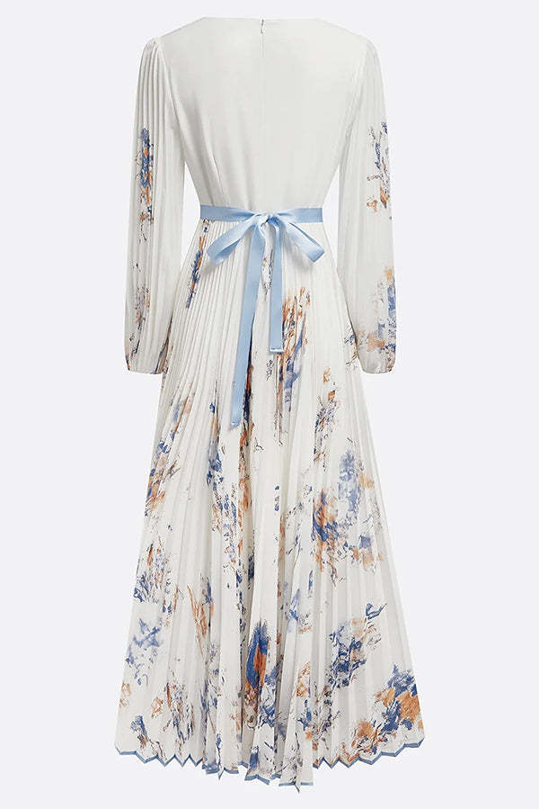 Unique Printed V-Neck Long Sleeve Bow Tie Waist Holiday Maxi Dress-consonak