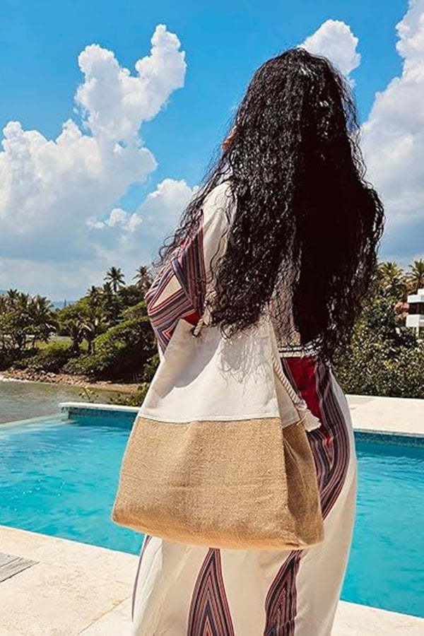 Linen Blend Contrast Patchwork Beach Bag-consonak