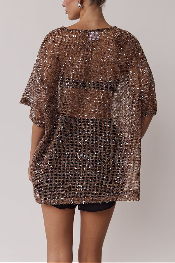Edela Sheer Sequin Knit Fabric Short Sleeve Oversized Cover-up Tee