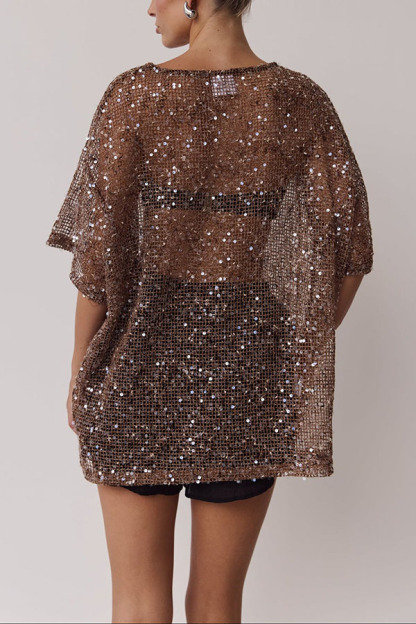 Edela Sheer Sequin Knit Fabric Short Sleeve Oversized Cover-up Tee