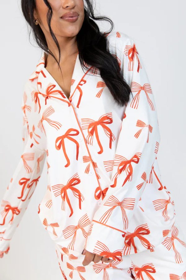 Christmas Bow Print Long Sleeve Shirt and Elastic Waist Pocket Pants Set-consonak