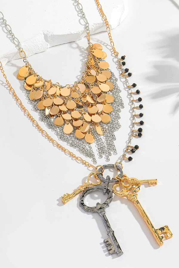 Fashionable Sequined Tassel Key Multi-layer Exaggerated Necklace