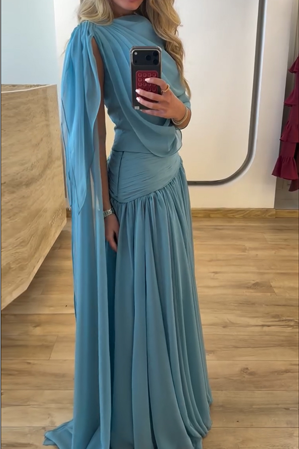 Solana Draped Sheer Cape Top and High Waist Pleated Slit Maxi Skirt Set-consonak