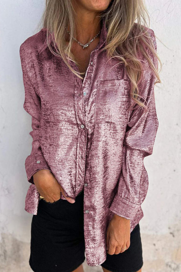 First and Fabulous Metallic Fabric Button Up Long Sleeve Loose Blouse | Consonak