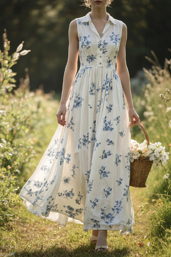 Floral Print Collared Sleeveless High-waisted Maxi Vacation Dress