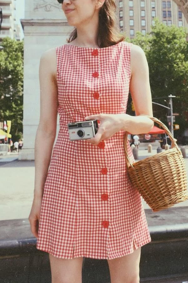 Retro Plaid Print Sleeveless Round Neck Button Casual Mini Dress | Consonak