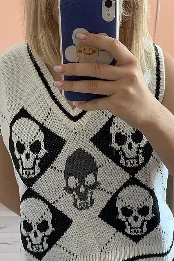 Halloween Skull Argyle Knit Sweater Vest-Consonak