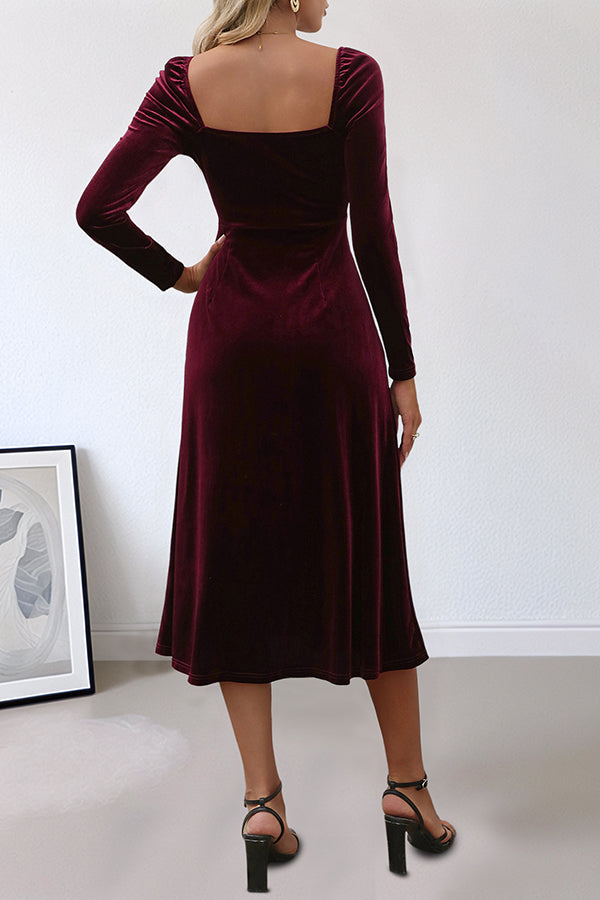 Solid Color Velvet Square Neck Long Sleeve Slit Midi Dress-consonak