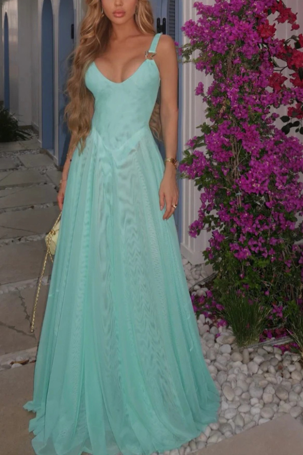 Solid Color V-neck Sleeveless Slim-fit Elegant Mesh Maxi Dress