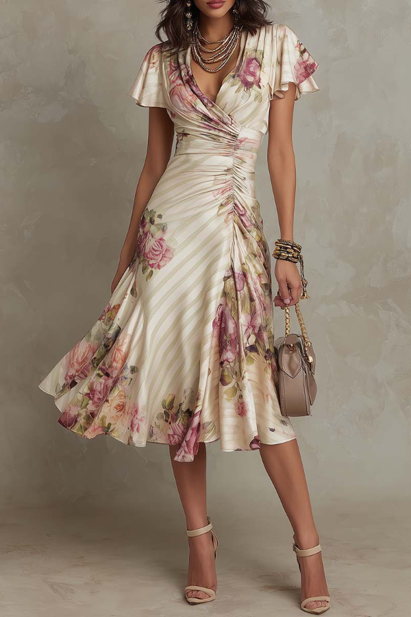 Floral Print V-neck Ruffled Sleeves Waist-cinching Pleated Elegant Midi Dress | Consonak