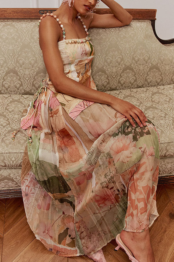 Catalana Linen Blend Artistic Printed Bead Detail Pleated Hem Maxi Dress-consonak