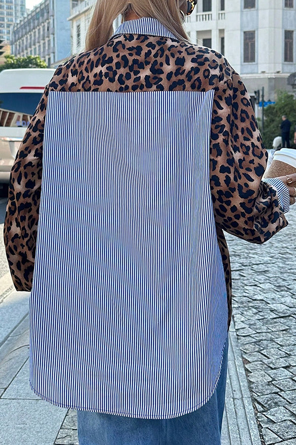 Stylish Striped Leopard Print Patchwork Loose Casual Long-sleeved Shirt-consonak