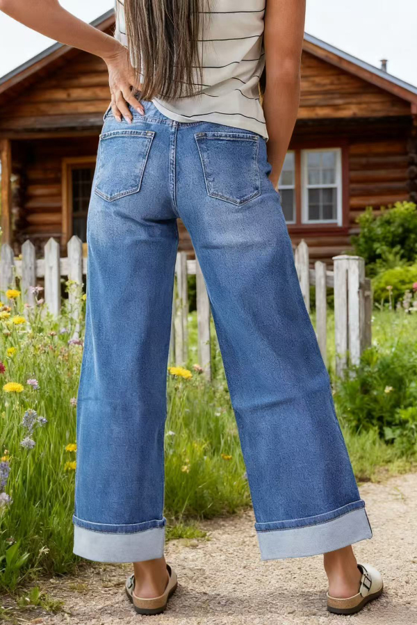 Stylish Loose Pockets Casual Rolled-up Straight-leg Jeans