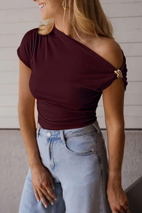 Solid Color Metal Decoration Short-sleeved Casual T-shirt-consonak