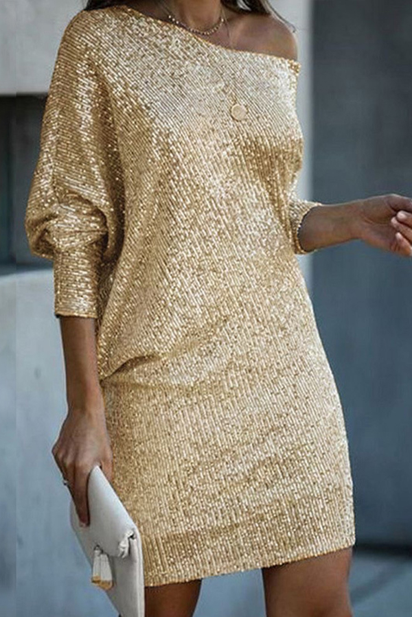 Solid Sequined Off-shoulder Loose Mini Dress-consonak