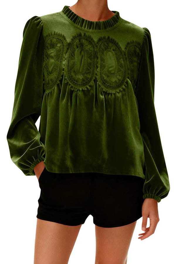 Fashionable Velvet and Lace Patchwork Loose Long-sleeved Top-consonak