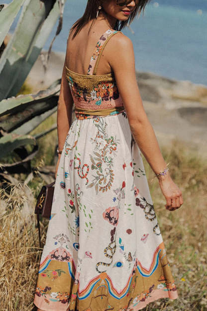 Summer Vibes Linen Blend Unique Print Smocked Belt Midi Dress-consonak
